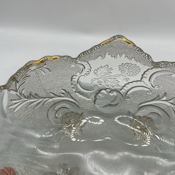 Vintage Oval Heavy Pressed 4-Footed Glass Bowl with Floral Design and Gold Trim - Picture 9 of 9